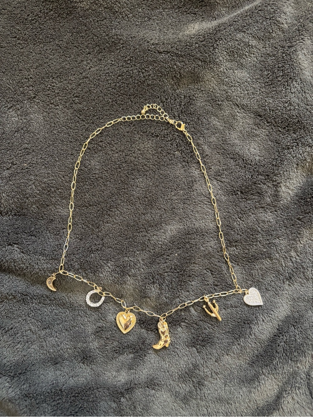 Western Gold Charm Necklace with Heart and Moon Pendants